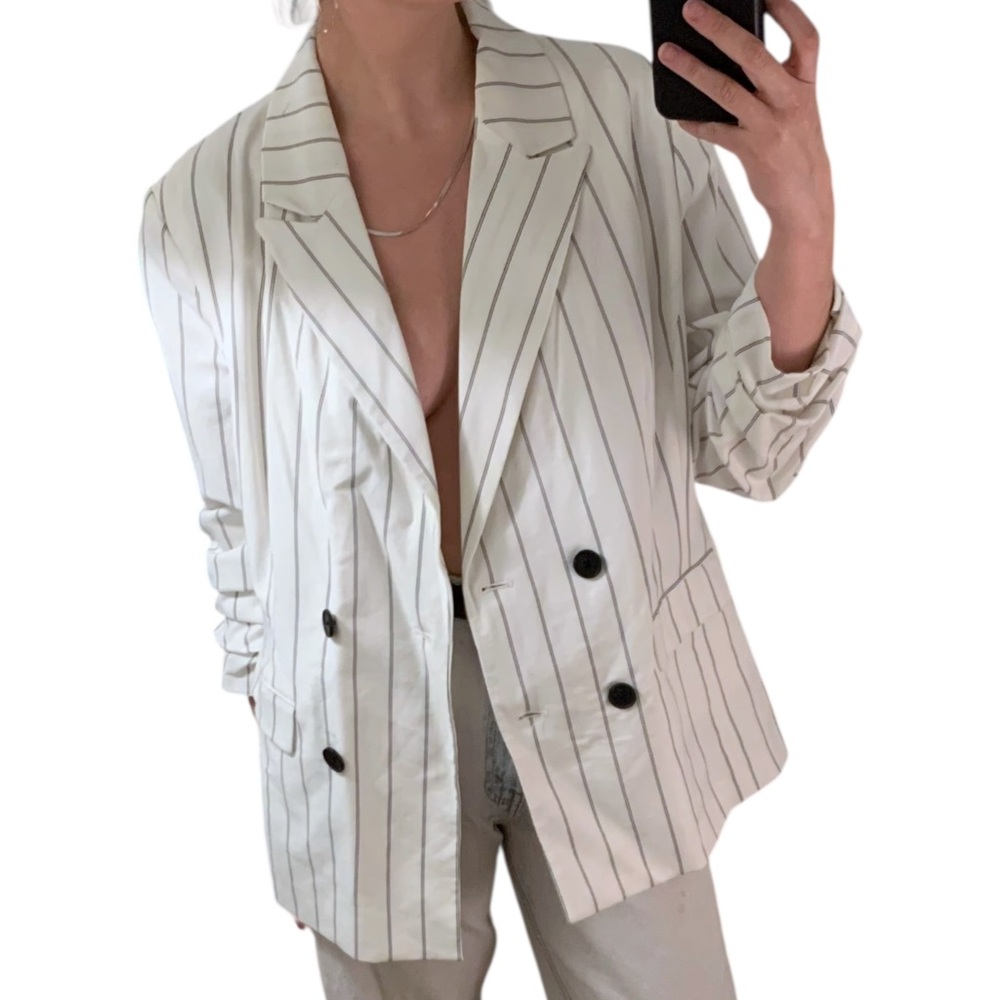 NWOT A NEW DAY 100% Cotton White Black Pinstripe Double Breasted Blazer - sz 16W - Picture 8 of 16
